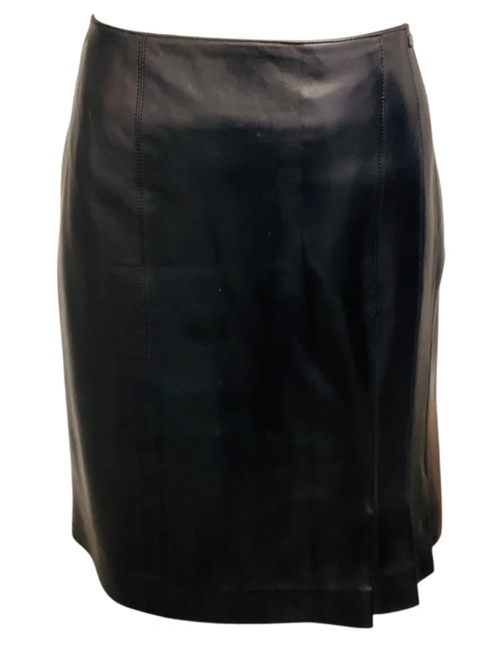 CHANEL VINTAGE 2001 DARK NAVY BLUE SILK LINED LAMBSKIN LEATHER SKIRT WITH LOGO P